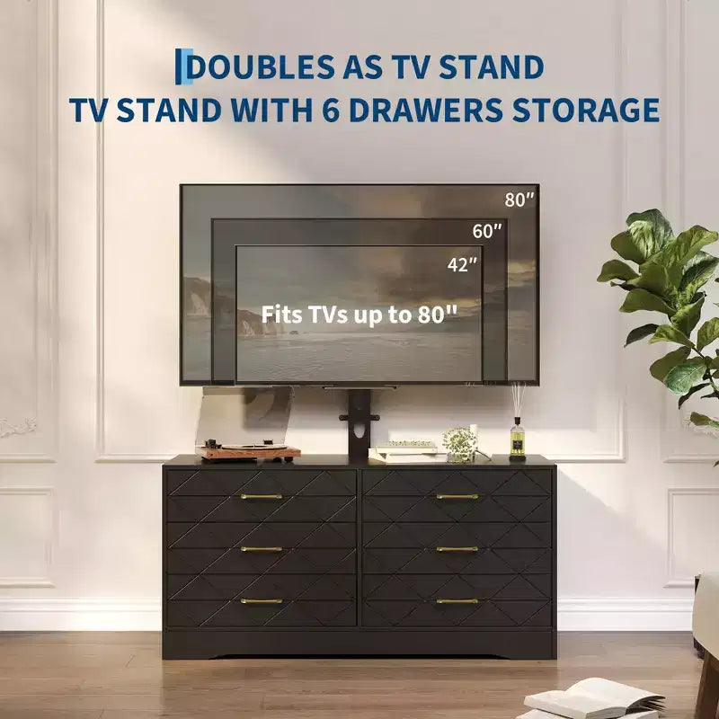 Meuble TV blanc avec support pour téléviseurs de 32 à 80 pouces, console multimédia en bois à 6 tiroirs et centre de divertissement avec support réglable en hauteur, commode TV de rangement