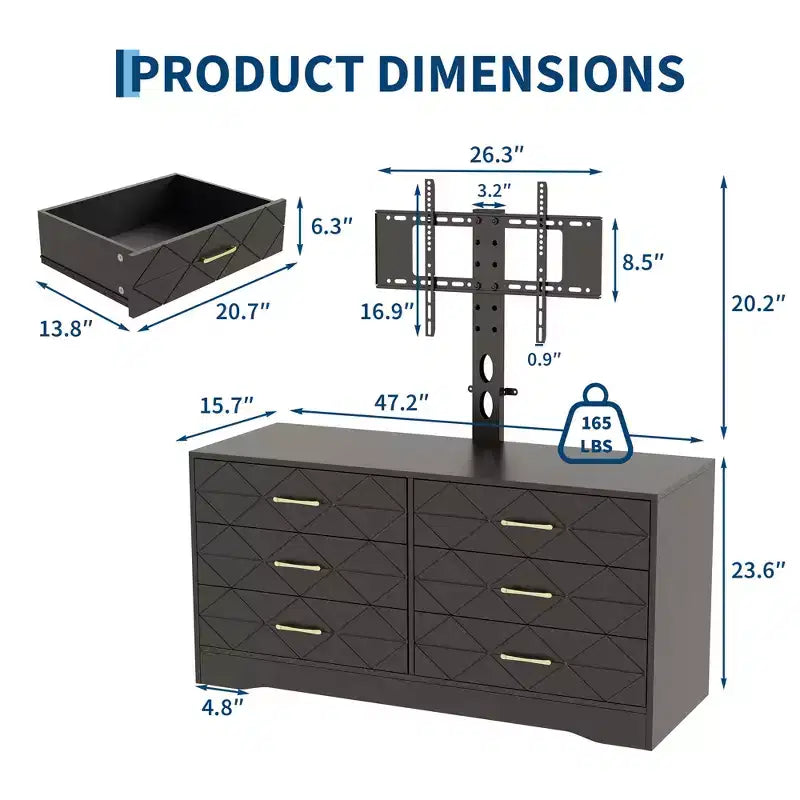Meuble TV blanc avec support pour téléviseurs de 32 à 80 pouces, console multimédia en bois à 6 tiroirs et centre de divertissement avec support réglable en hauteur, commode TV de rangement