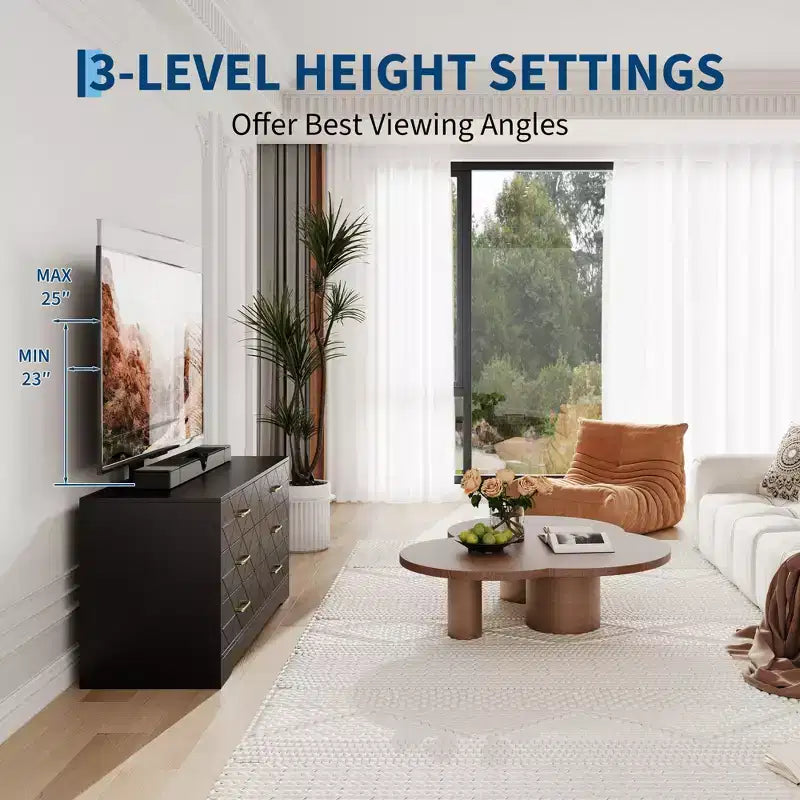 Meuble TV blanc avec support pour téléviseurs de 32 à 80 pouces, console multimédia en bois à 6 tiroirs et centre de divertissement avec support réglable en hauteur, commode TV de rangement