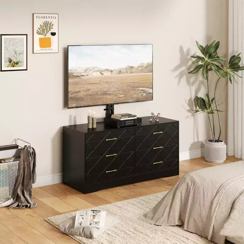 Meuble TV blanc avec support pour téléviseurs de 32 à 80 pouces, console multimédia en bois à 6 tiroirs et centre de divertissement avec support réglable en hauteur, commode TV de rangement
