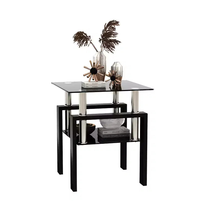 Table basse carrée en verre trempé noir de 17,72 po, table d'appoint à 2 niveaux avec pieds en métal pour salon et chambre