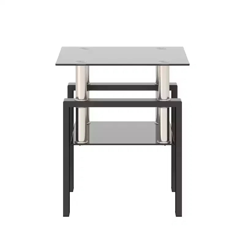 Table basse carrée en verre trempé noir de 17,72 po, table d'appoint à 2 niveaux avec pieds en métal pour salon et chambre