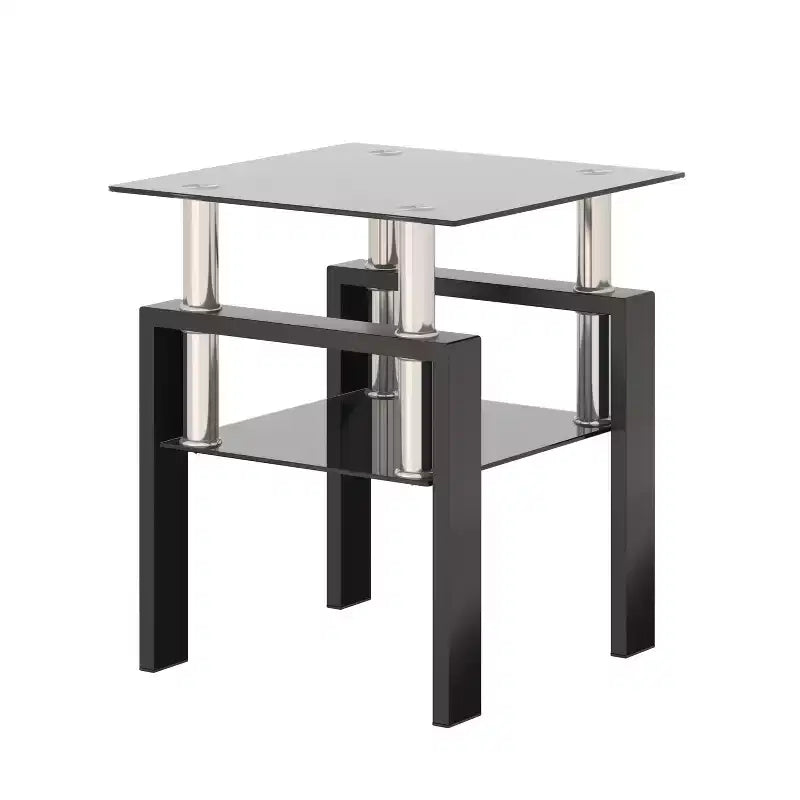 Table basse carrée en verre trempé noir de 17,72 po, table d'appoint à 2 niveaux avec pieds en métal pour salon et chambre