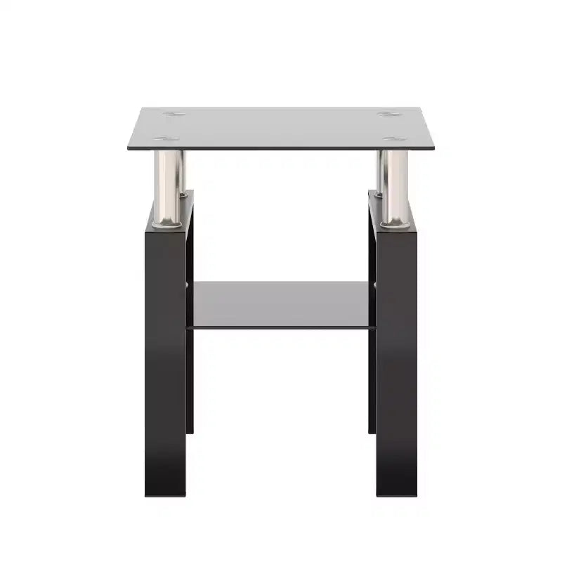 Table basse carrée en verre trempé noir de 17,72 po, table d'appoint à 2 niveaux avec pieds en métal pour salon et chambre