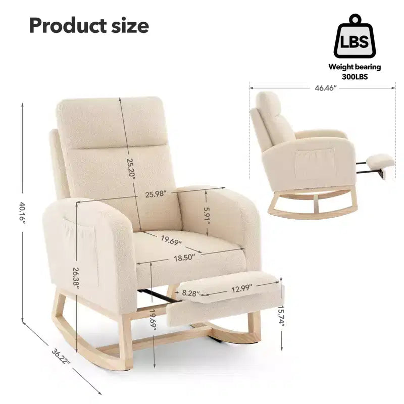 Fauteuil à bascule de puériculture avec dossier haut et siège rembourré doux, fauteuil à bascule douillet pour chambre de bébé et confort d'allaitement