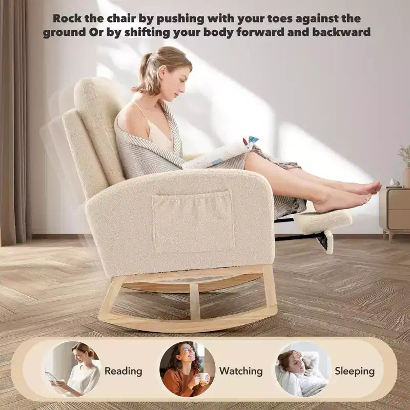 Fauteuil à bascule de puériculture avec dossier haut et siège rembourré doux, fauteuil à bascule douillet pour chambre de bébé et confort d'allaitement