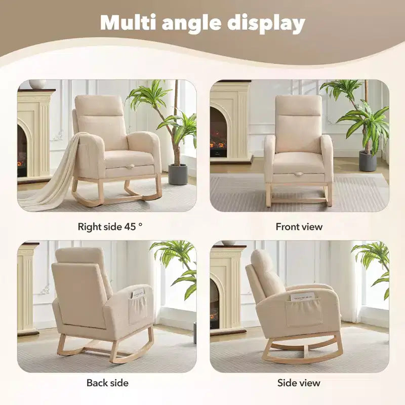 Fauteuil à bascule de puériculture avec dossier haut et siège rembourré doux, fauteuil à bascule douillet pour chambre de bébé et confort d'allaitement