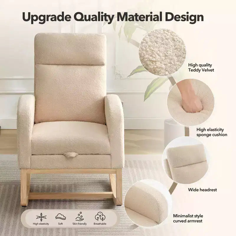 Fauteuil à bascule de puériculture avec dossier haut et siège rembourré doux, fauteuil à bascule douillet pour chambre de bébé et confort d'allaitement