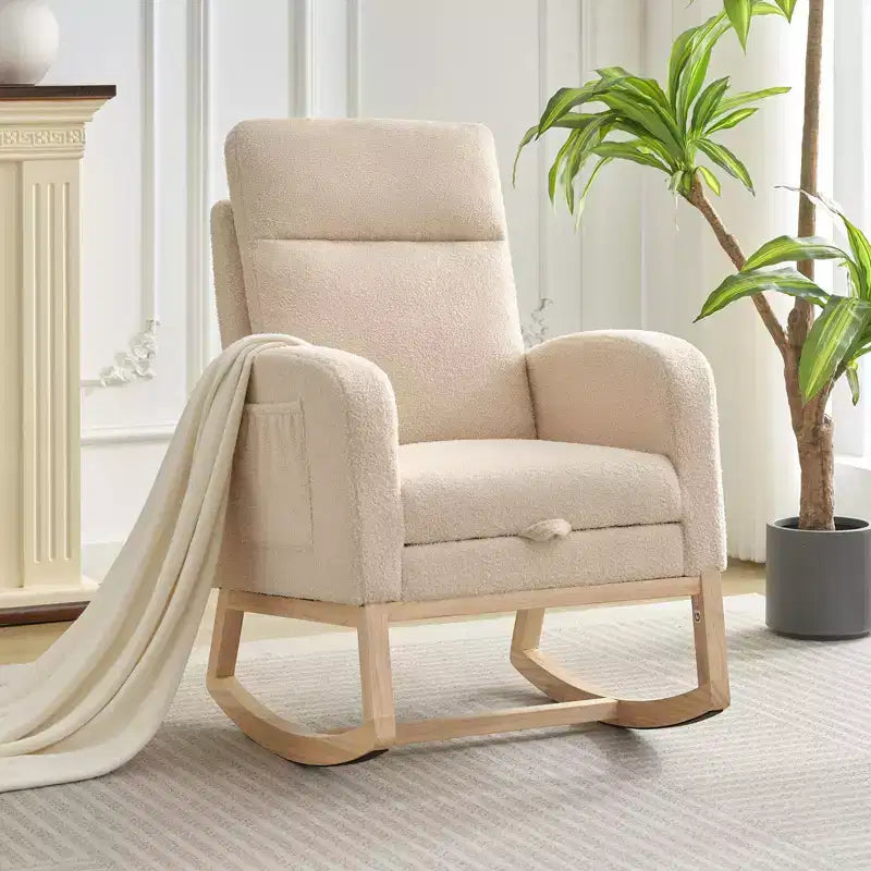 Fauteuil à bascule de puériculture avec dossier haut et siège rembourré doux, fauteuil à bascule douillet pour chambre de bébé et confort d'allaitement
