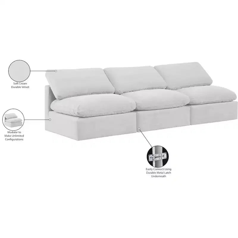 Canapé modulable 3 places en velours crème, design contemporain
