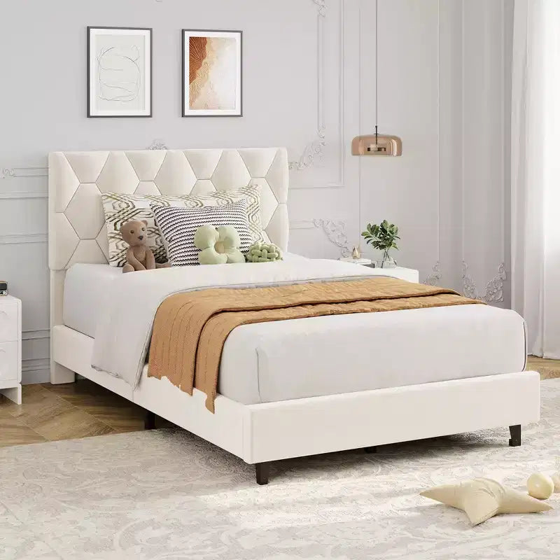 Cadre de lit plateforme moderne rembourré avec tête de lit réglable, lattes en bois robustes, support solide, silencieux, aucun sommier tapissier requis (beige)