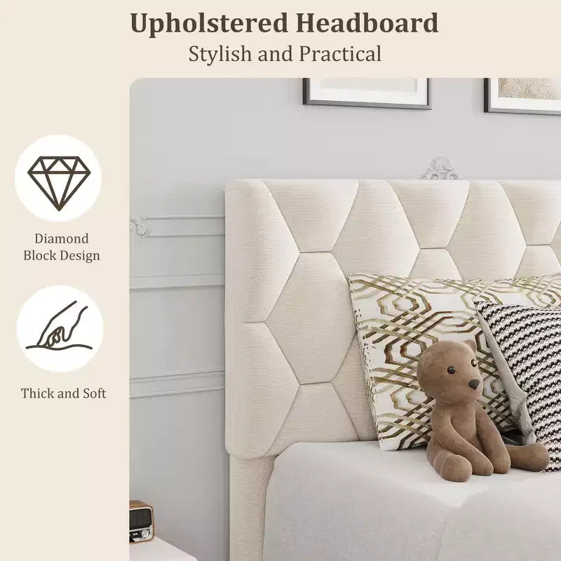 Cadre de lit plateforme moderne rembourré avec tête de lit réglable, lattes en bois robustes, support solide, silencieux, aucun sommier tapissier requis (beige)