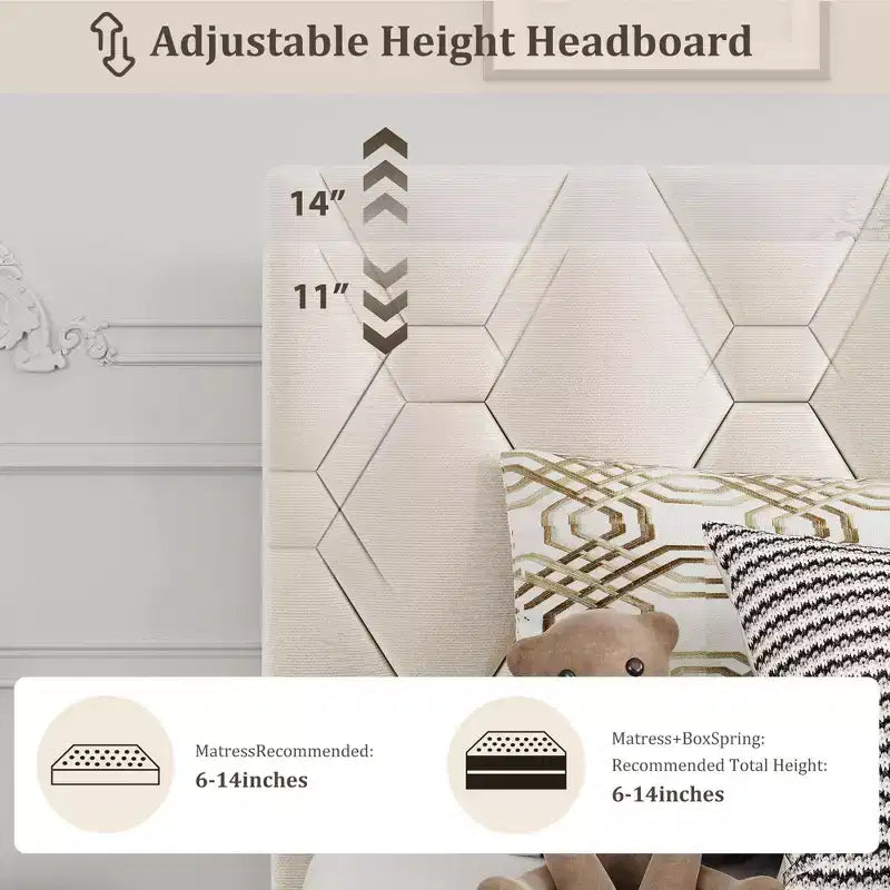 Cadre de lit plateforme moderne rembourré avec tête de lit réglable, lattes en bois robustes, support solide, silencieux, aucun sommier tapissier requis (beige)