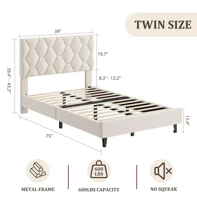 Cadre de lit plateforme moderne rembourré avec tête de lit réglable, lattes en bois robustes, support solide, silencieux, aucun sommier tapissier requis (beige)