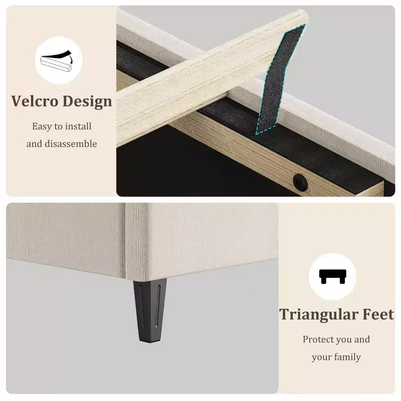 Cadre de lit plateforme moderne rembourré avec tête de lit réglable, lattes en bois robustes, support solide, silencieux, aucun sommier tapissier requis (beige)