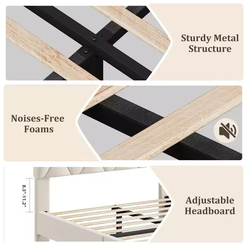 Cadre de lit plateforme moderne rembourré avec tête de lit réglable, lattes en bois robustes, support solide, silencieux, aucun sommier tapissier requis (beige)