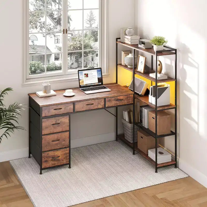 Bureau d'ordinateur en L de 120 cm avec 6 tiroirs et 5 étagères, bureau de jeu d'angle réversible avec lumières LED et prises de courant
