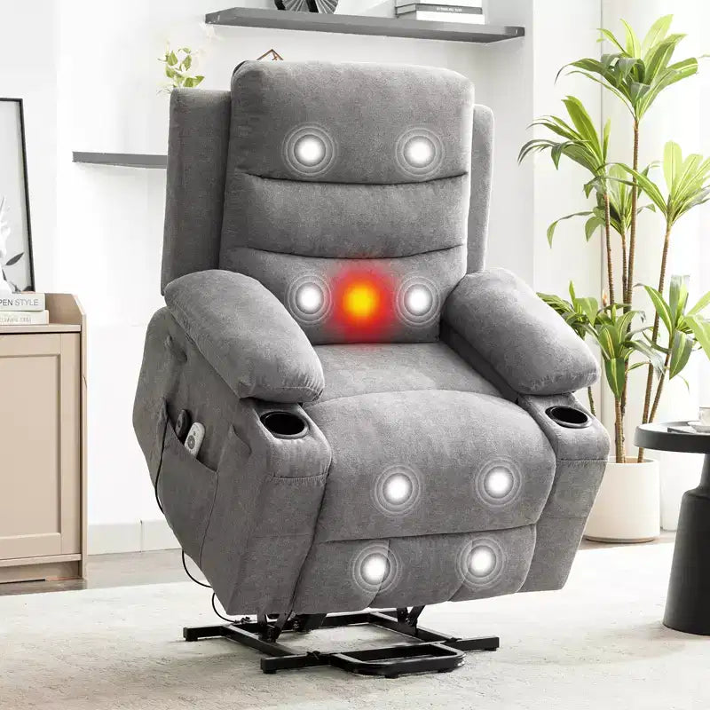Fauteuil inclinable électrique surdimensionné pour personnes âgées - Chauffage, massage et aide à la levée électrique - Inclinaison à 135° - Porte-gobelets, poche latérale en tissu gris