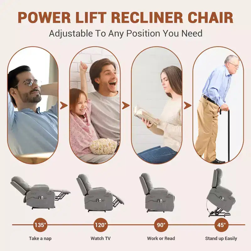 Fauteuil inclinable électrique surdimensionné pour personnes âgées - Chauffage, massage et aide à la levée électrique - Inclinaison à 135° - Porte-gobelets, poche latérale en tissu gris