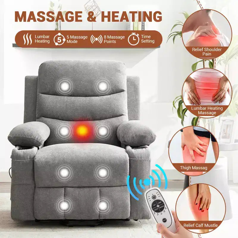 Fauteuil inclinable électrique surdimensionné pour personnes âgées - Chauffage, massage et aide à la levée électrique - Inclinaison à 135° - Porte-gobelets, poche latérale en tissu gris
