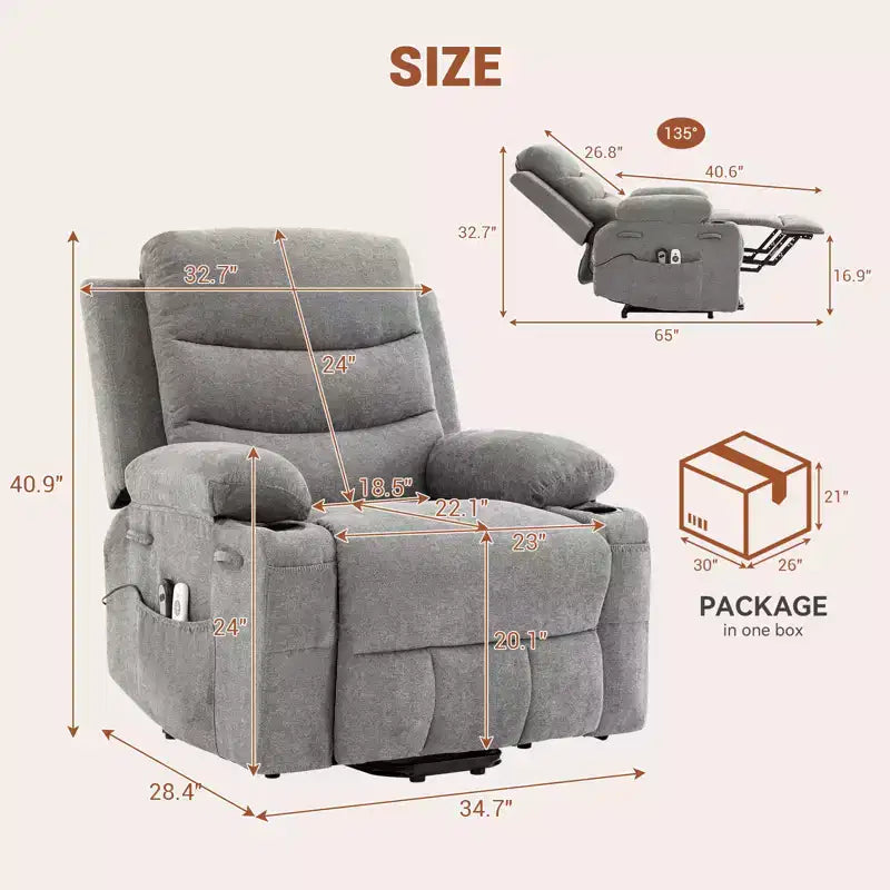 Fauteuil inclinable électrique surdimensionné pour personnes âgées - Chauffage, massage et aide à la levée électrique - Inclinaison à 135° - Porte-gobelets, poche latérale en tissu gris
