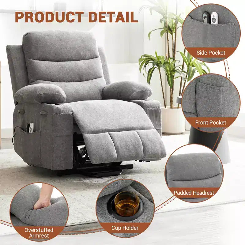 Fauteuil inclinable électrique surdimensionné pour personnes âgées - Chauffage, massage et aide à la levée électrique - Inclinaison à 135° - Porte-gobelets, poche latérale en tissu gris