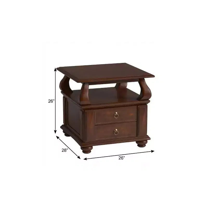 Table d'appoint carrée de 26 po en bois massif marron avec deux tiroirs et une étagère