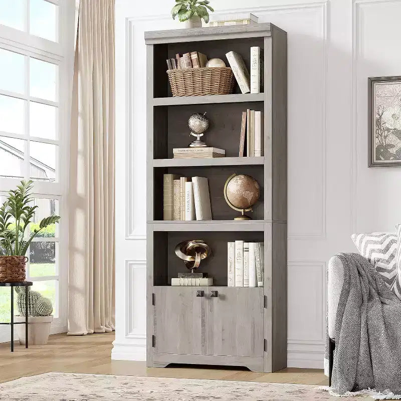 Étagère 5 Niveaux, Bibliothèque de Ferme de 175 cm avec 2 Portes et Étagères Réglables - Meuble de Rangement Ouvert de 80 cm pour Bureau, Salon, Noir