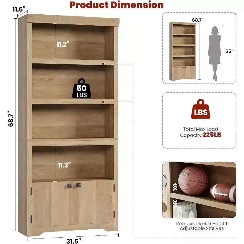 Étagère 5 Niveaux, Bibliothèque de Ferme de 175 cm avec 2 Portes et Étagères Réglables - Meuble de Rangement Ouvert de 80 cm pour Bureau, Salon, Noir