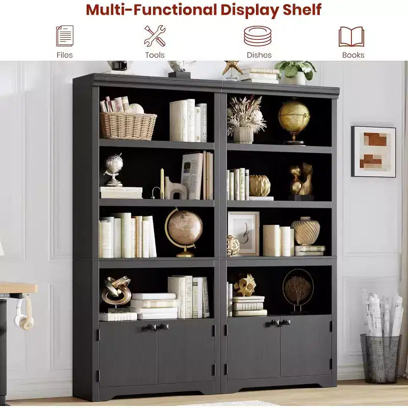 Étagère 5 Niveaux, Bibliothèque de Ferme de 175 cm avec 2 Portes et Étagères Réglables - Meuble de Rangement Ouvert de 80 cm pour Bureau, Salon, Noir