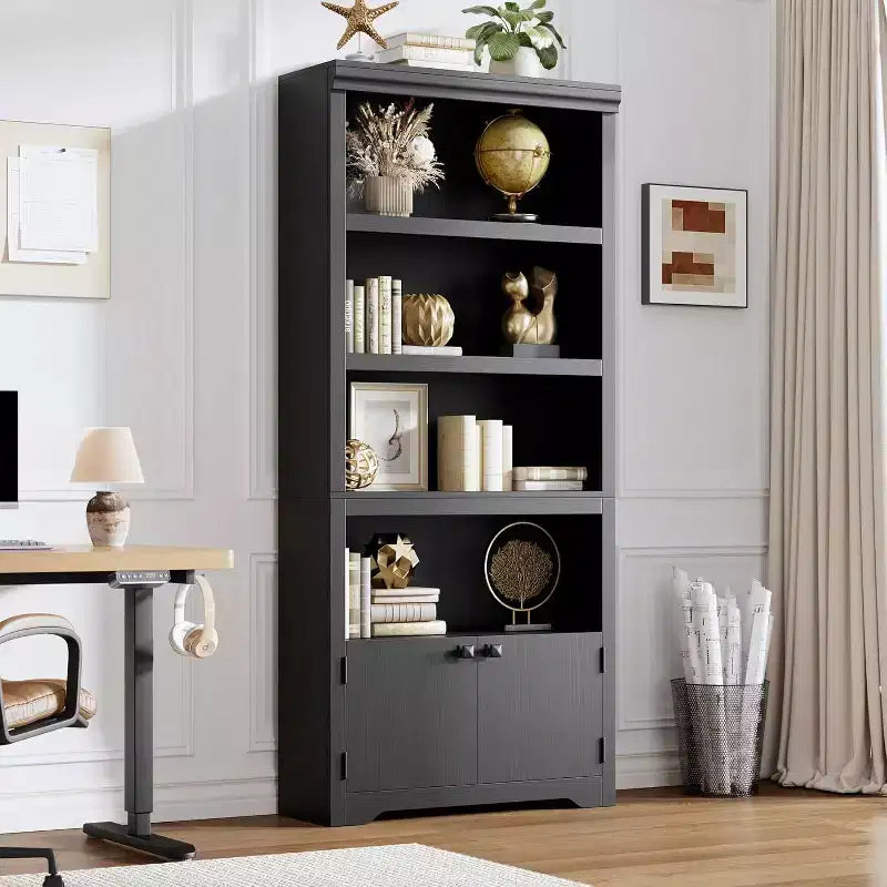 Étagère 5 Niveaux, Bibliothèque de Ferme de 175 cm avec 2 Portes et Étagères Réglables - Meuble de Rangement Ouvert de 80 cm pour Bureau, Salon, Noir