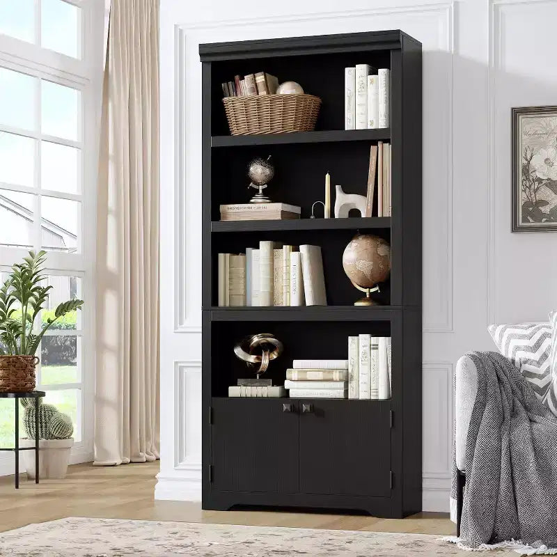 Étagère 5 Niveaux, Bibliothèque de Ferme de 175 cm avec 2 Portes et Étagères Réglables - Meuble de Rangement Ouvert de 80 cm pour Bureau, Salon, Noir