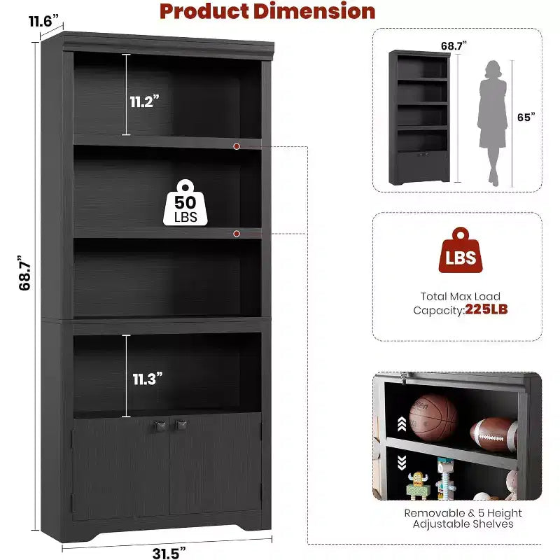 Étagère 5 Niveaux, Bibliothèque de Ferme de 175 cm avec 2 Portes et Étagères Réglables - Meuble de Rangement Ouvert de 80 cm pour Bureau, Salon, Noir
