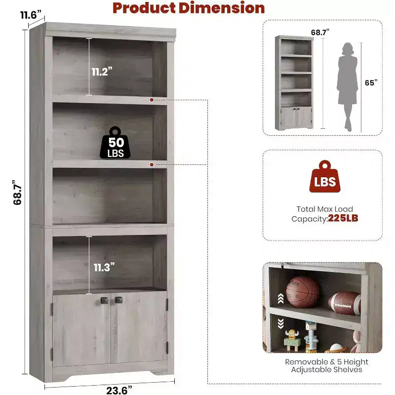 Étagère 5 Niveaux, Bibliothèque de Ferme de 175 cm avec 2 Portes et Étagères Réglables - Meuble de Rangement Ouvert de 80 cm pour Bureau, Salon, Noir