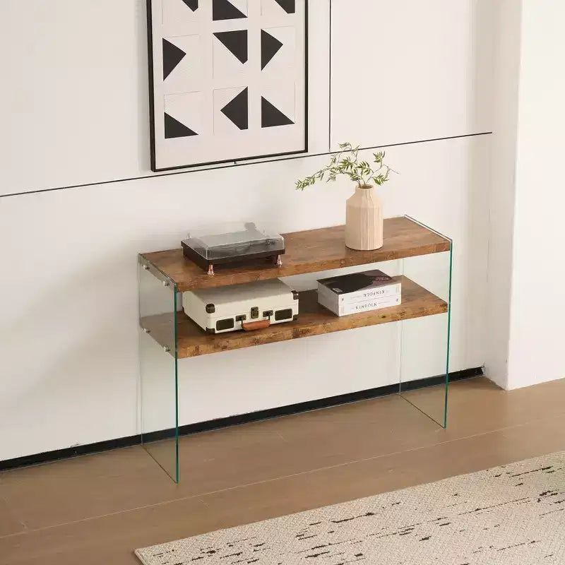 Console moderne en bois et verre trempé avec étagère ouverte