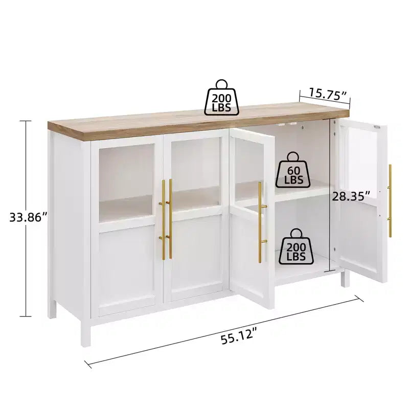 Buffet de salle à manger/salon de style Ferme Moderne 55 po avec 4 portes vitrées, meuble de rangement en bois naturel avec étagère de présentation pour cuisine, salle à manger et salon