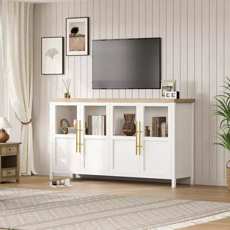 Buffet de salle à manger/salon de style Ferme Moderne 55 po avec 4 portes vitrées, meuble de rangement en bois naturel avec étagère de présentation pour cuisine, salle à manger et salon