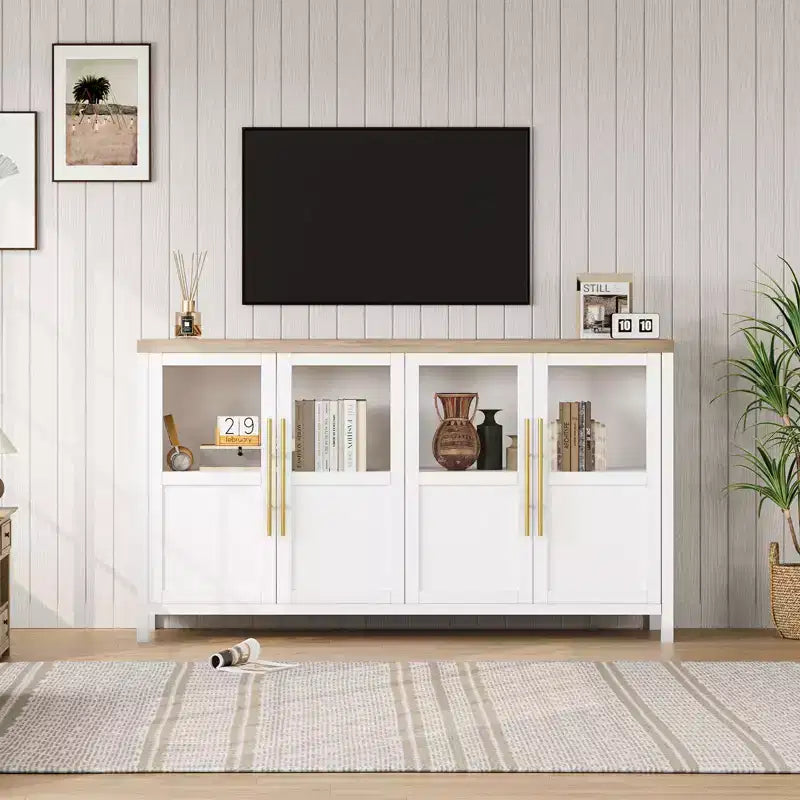 Buffet de salle à manger/salon de style Ferme Moderne 55 po avec 4 portes vitrées, meuble de rangement en bois naturel avec étagère de présentation pour cuisine, salle à manger et salon