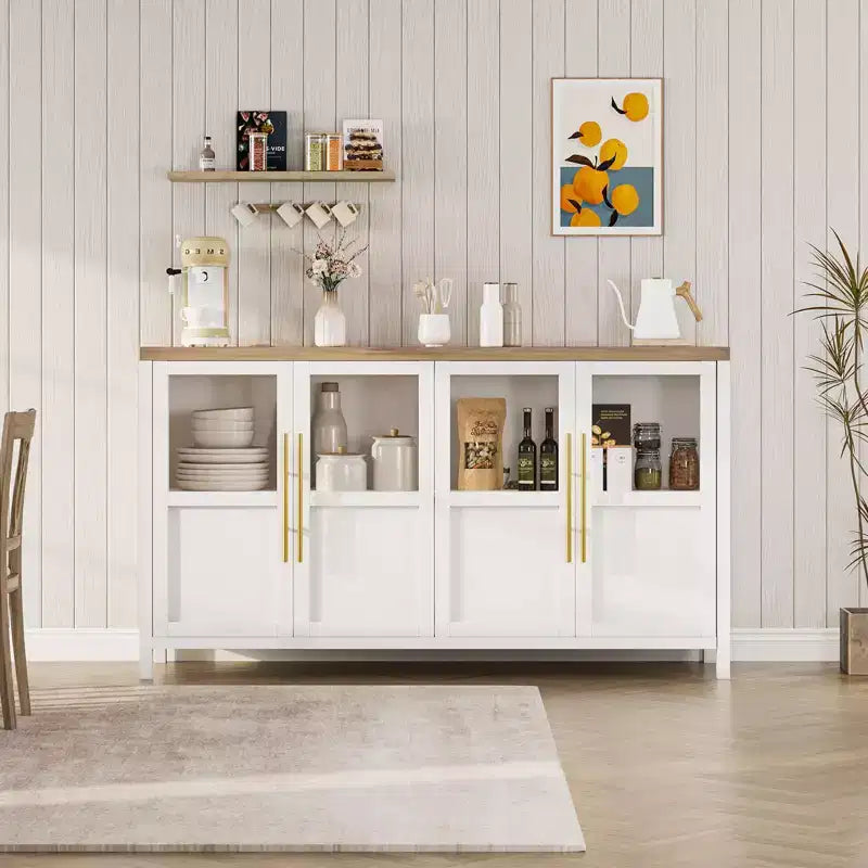 Buffet de salle à manger/salon de style Ferme Moderne 55 po avec 4 portes vitrées, meuble de rangement en bois naturel avec étagère de présentation pour cuisine, salle à manger et salon
