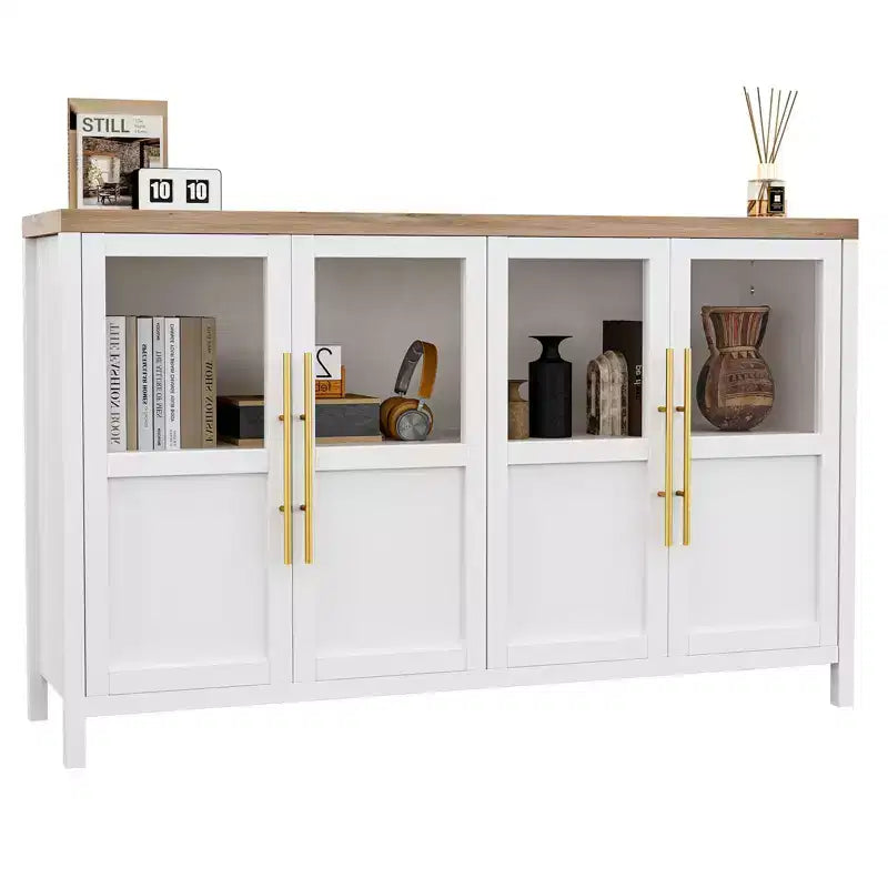 Buffet de salle à manger/salon de style Ferme Moderne 55 po avec 4 portes vitrées, meuble de rangement en bois naturel avec étagère de présentation pour cuisine, salle à manger et salon