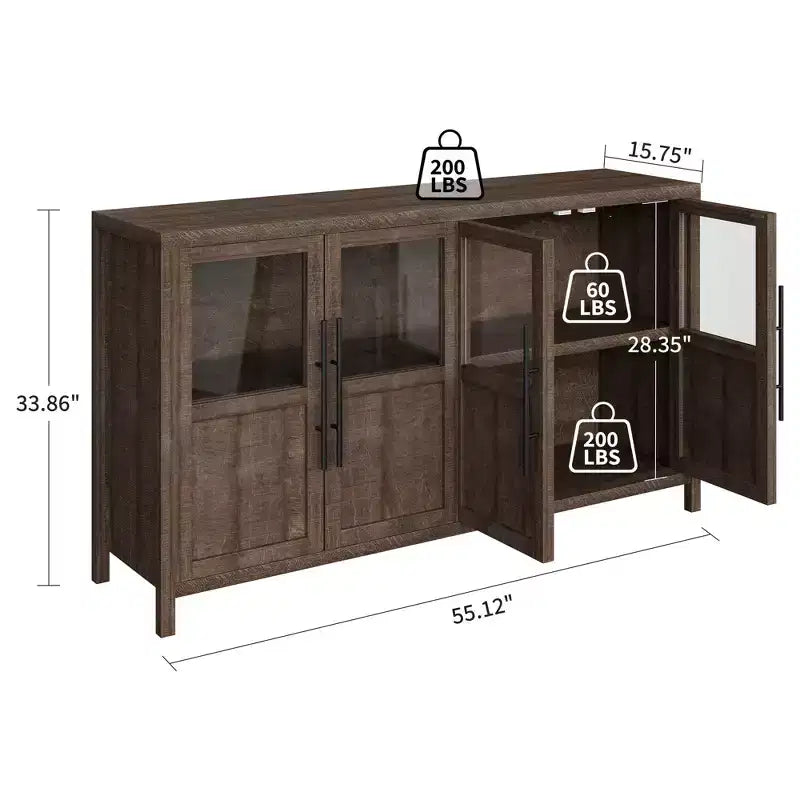 Buffet de salle à manger/salon de style Ferme Moderne 55 po avec 4 portes vitrées, meuble de rangement en bois naturel avec étagère de présentation pour cuisine, salle à manger et salon