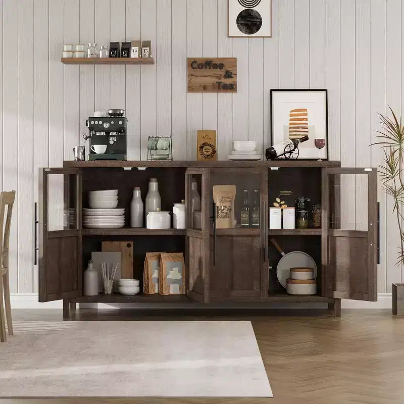 Buffet de salle à manger/salon de style Ferme Moderne 55 po avec 4 portes vitrées, meuble de rangement en bois naturel avec étagère de présentation pour cuisine, salle à manger et salon