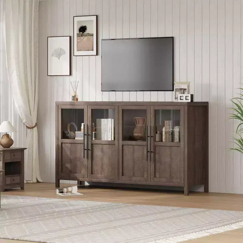 Buffet de salle à manger/salon de style Ferme Moderne 55 po avec 4 portes vitrées, meuble de rangement en bois naturel avec étagère de présentation pour cuisine, salle à manger et salon
