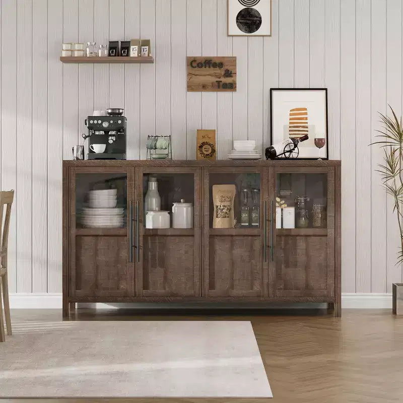 Buffet de salle à manger/salon de style Ferme Moderne 55 po avec 4 portes vitrées, meuble de rangement en bois naturel avec étagère de présentation pour cuisine, salle à manger et salon