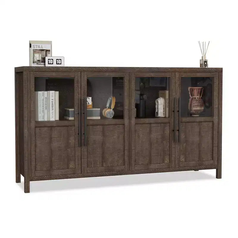 Buffet de salle à manger/salon de style Ferme Moderne 55 po avec 4 portes vitrées, meuble de rangement en bois naturel avec étagère de présentation pour cuisine, salle à manger et salon
